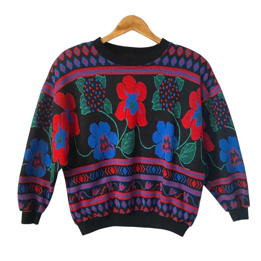 Top Notch Vintage Floral Knit Sweater Red Blue Black Geometric USA Made Small 1X